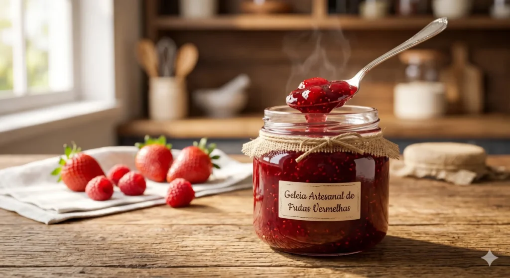 "Pote de vidro com geleia artesanal de frutas vermelhas, mostrando a textura firme e brilhante, posicionada ao lado de frutas frescas sobre uma mesa de madeira."