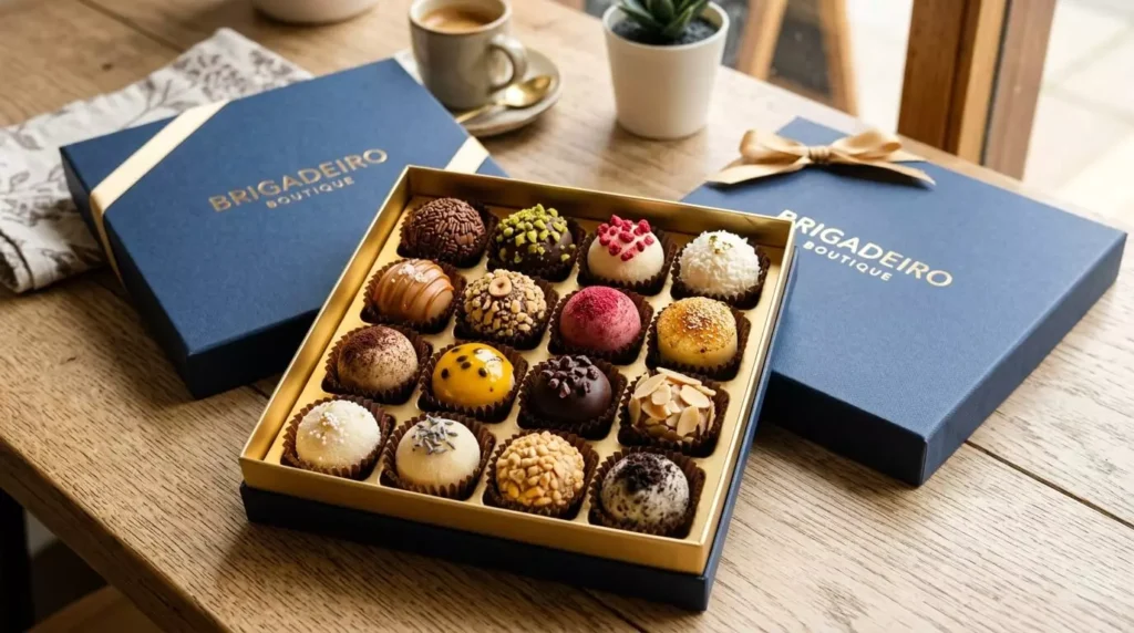 Caixa de presente elegante aberta, contendo diversos brigadeiros gourmet perfeitamente enrolados e com confeitos variados, apresentando um brilho intenso e textura aveludada, prontos para a venda.