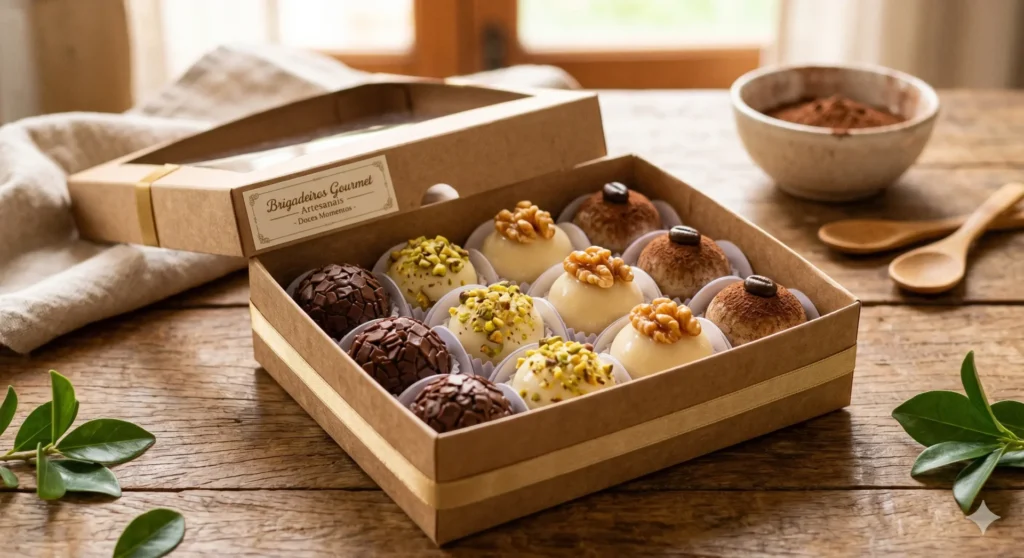 "Uma caixa de papelão aberta contendo doze brigadeiros gourmet artesanais variados sobre uma mesa de madeira rústica, com um fundo de cozinha desfocado."