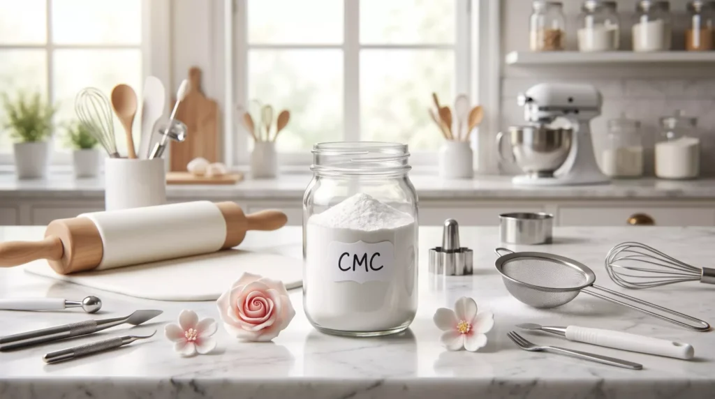 Uma bancada de confeitaria com pasta americana, ferramentas de modelagem, flores de açúcar e um pequeno recipiente contendo CMC, em composição clara e profissional.
